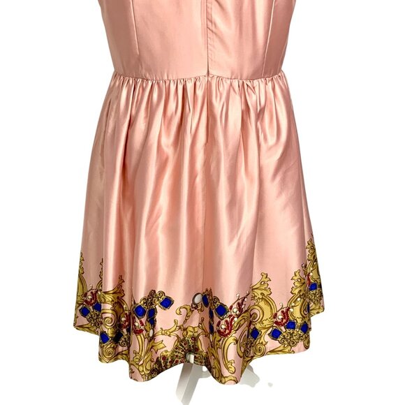 Joe Fresh Fit & Flare Pink Satin Cocktail Dress Size 8 Gold Blue Baroque Design - Picture 7 of 12
